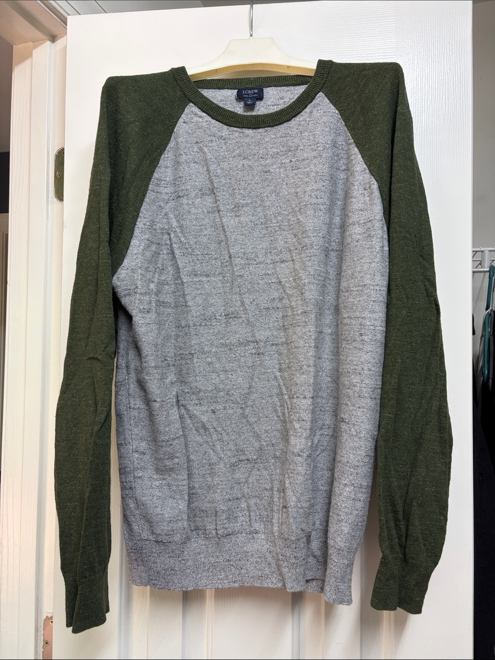 J. Crew Two-Tone Raglan Crewneck Sweater in Gray and Olive